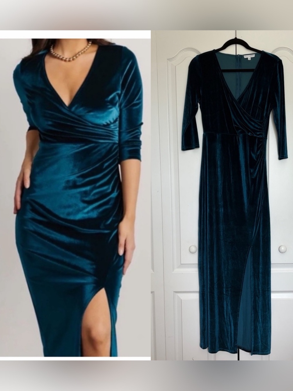 Baltic Born Teal Velvet Wrap-Front Maxi Dress with Side Slit